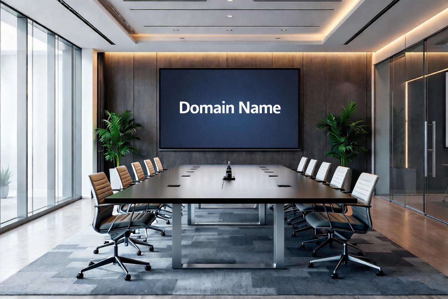 Modern boardroom with domain name presentation